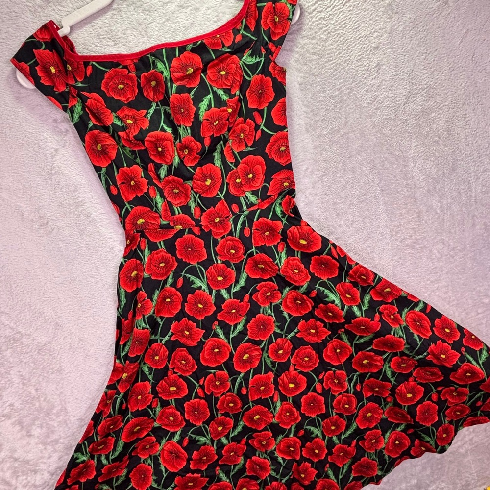 Hell Bunny Women Dress XXS Black Red Poppy Floral Rockabilly Pinup Fit & Flare